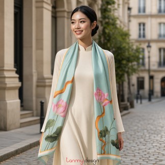 Khăn lụa dài hai mặt họa tiết Hoa sen xanh 65*150cm